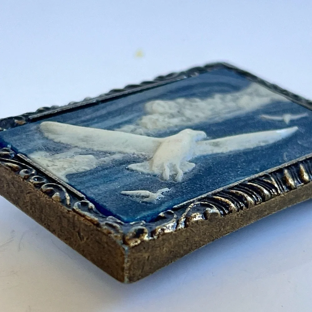 Vintage Incolay Belt Buckle Carved Stone Birds Sky Blue Coastal 1970s Brass